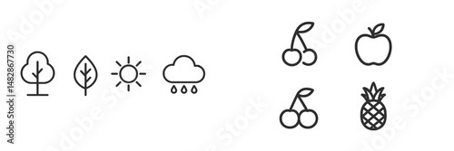 Symbols of nature and fruits illustrate seasonal changes and harvest times in a minimalist style