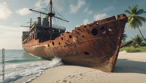 A mysterious, rusted shipwreck sits half-buried in the sand on a deserted tropical beach. The hull is weathered and covered in barnacles, telling a story of a forgotten past