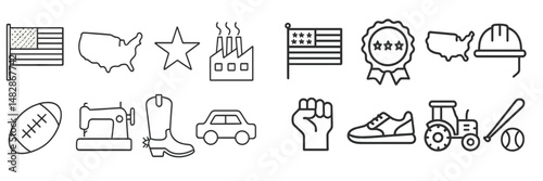 Various symbols representing American culture and values in a linear design featuring sports, industry, and everyday life