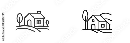 Illustrations of simple houses with trees in minimalist style showcasing rural ambiance and nature
