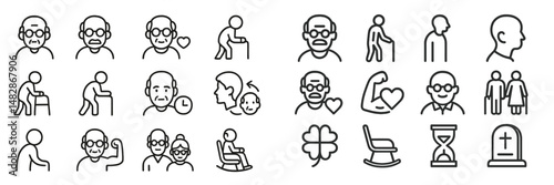 A collection of line icons depicting various aspects of elderly care, including activities, emotions, and relationships
