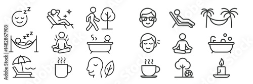 Collection of relaxing icons depicting various leisure activities for stress relief and wellness