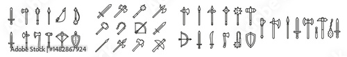 Various medieval weapons and shields arranged in a grid for fantasy design inspiration