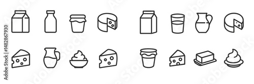 Collection of dairy products displayed in minimalist style, showcasing various containers and types of cheese and milk