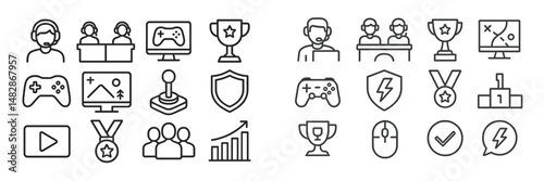 Graphics illustrating gaming-related icons including controllers, awards, and player interactions in a simple, clean design