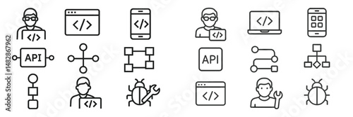 Coding symbols and icons illustrating software development concepts and practices in a minimalistic design