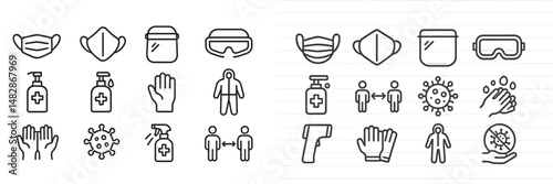 Collection of health and safety icons illustrating pandemic precautions and hygiene practices in a clear format