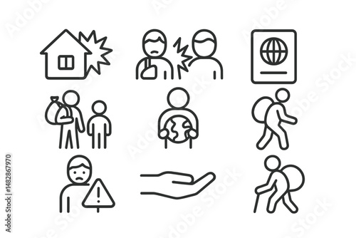 Emergency response icons illustrating various situations faced by travelers and communities during crises