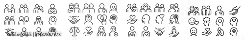 Collection of diverse line icons illustrating various human emotions and social interactions in a minimalistic style
