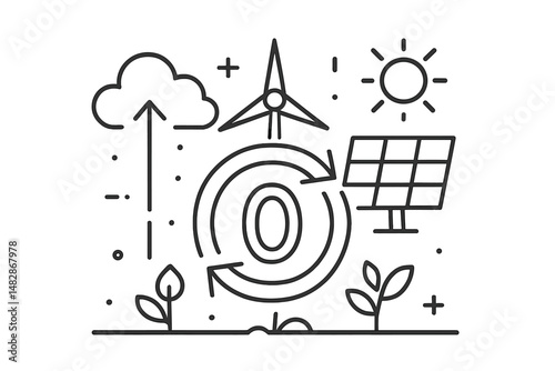 Illustration showcases elements of renewable energy, including a solar panel, wind turbine, clouds, and plants