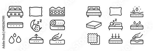 Pictograms illustrating various sleep-related items and activities for better sleep hygiene and comfort
