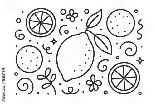 Decorative illustration featuring lemons and citrus slices with simple floral designs in a playful arrangement