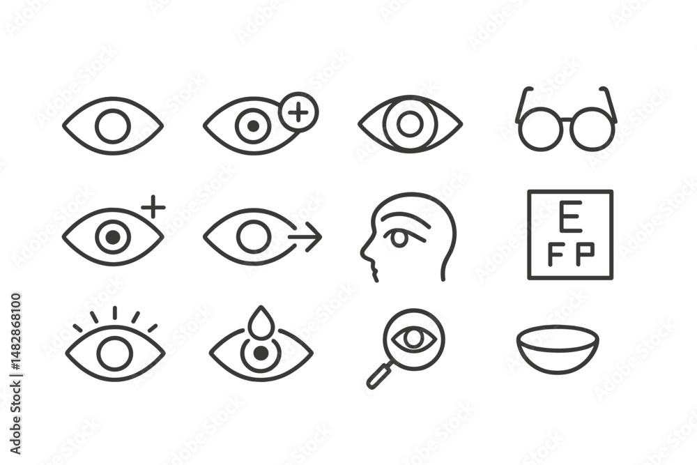 Obraz premium Various eye symbols representing vision, health, and optical care in a simple line art style