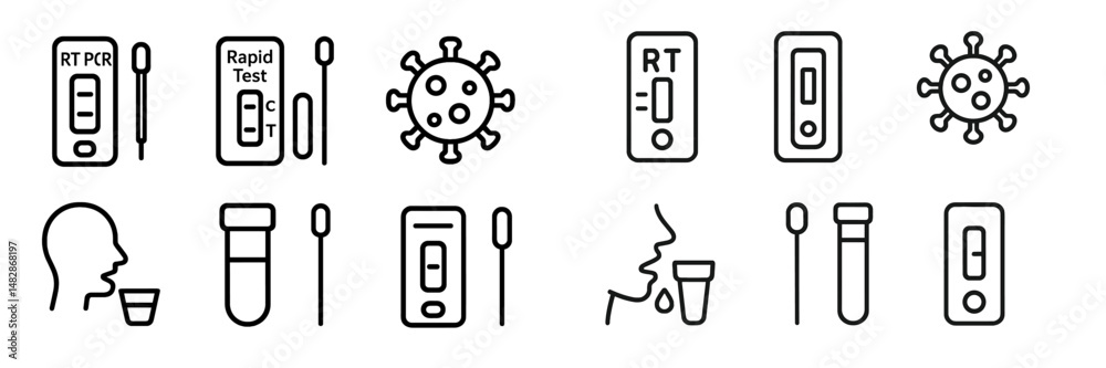 Fototapeta premium Various icons representing COVID-19 testing methods including rapid tests and PCR tests in a clean, minimalist style