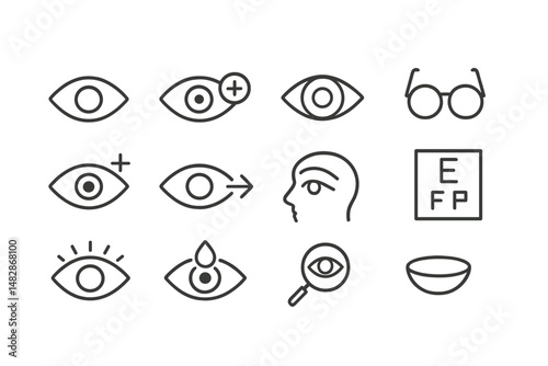 Various eye symbols representing vision, health, and optical care in a simple line art style