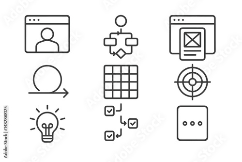 Visual representation of website design principles showing user interface elements and flowchart on a white background