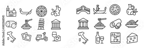 Culinary and cultural symbols of Italy showcasing food, architecture, and transportation in a creative design