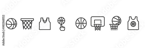 Basketball icons representing various elements of the game including ball, hoop, and player jersey in a simple design