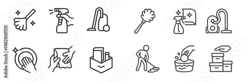 Cleaning icons set illustrating various household chores and cleaning activities in a simple, modern style