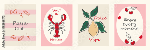 Hand drawn la dolce vita doodles. Wall art with wine, lemon, seafood, pasta. Minimalist line art. Set of mediterranean concept vector illustration for invitations, printables, social media, poster.