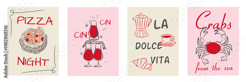 Hand drawn la dolce vita doodles. Wall art with wine, pizza, coffee, crab. Minimalist line art. Set of mediterranean concept vector illustration for invitations, printables, social media, poster.