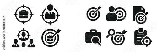 Business target icons displaying professionals and goals used for strategic planning in a corporate setting