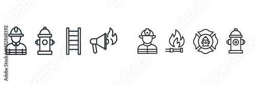 Firefighter icons illustrating various aspects of firefighting duties and equipment in a simple graphic design