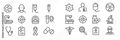 Healthcare and medical symbols representing various aspects of patient care and medical technology in a modern setting