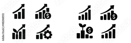 Graphical symbols representing growth, finance, and business development in a digital format