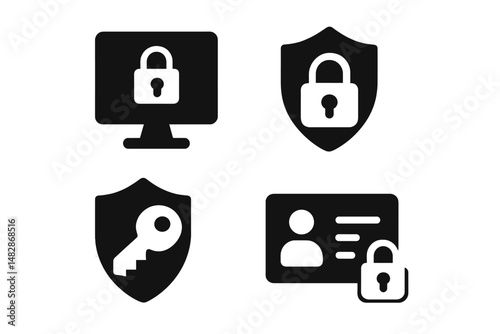 Digital security icons representing online safety concepts including locks, keys, and personal identification