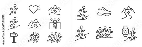 Inspirational running icons representing outdoor fitness, nature, and health activities in a minimalist design