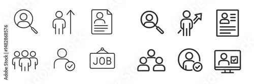 Icons representing job search activities including profile search, resume building, and networking connections