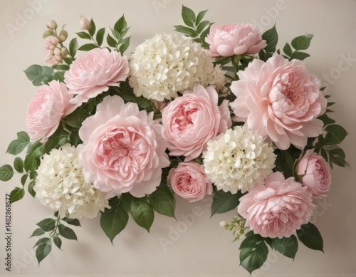 Pastel pink roses, peonies & hydrangeas in vintage style floral wall arrangement  ,  wedding,  spring