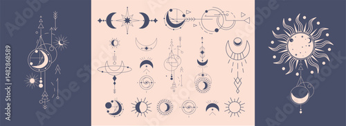 Various celestial symbols including suns, moons, and stars arranged artistically on a neutral background, showcasing intricate patterns and designs. Ideal for art enthusiasts and designers.