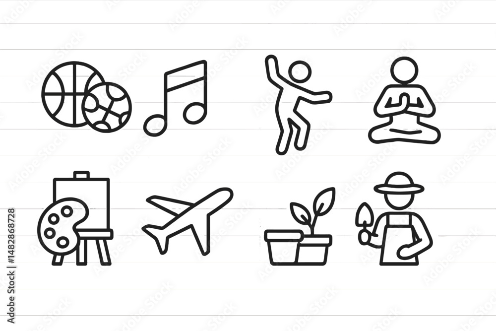 Fototapeta premium Icons representing various activities and hobbies including sports, music, arts, and gardening