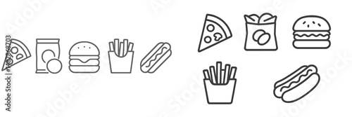 Popular fast food icons including burgers, fries, pizza, and hot dogs arranged on a plain background