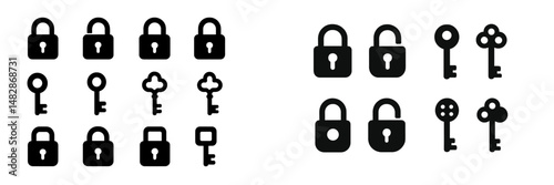 Different shapes of locks and keys in a black and white illustration showcasing security concepts
