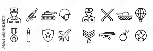 Military-themed icons depicting soldiers, equipment, and symbols of service in a clear, minimalist style