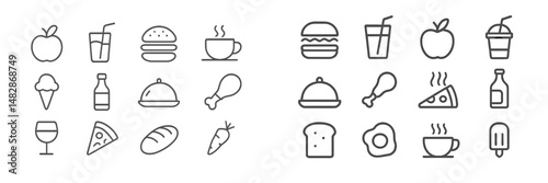 Food and drink icons representing various culinary delights and beverages in a contemporary design