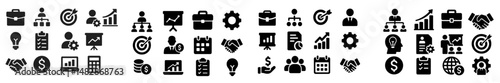 Business icons representing growth, collaboration, and strategy in a modern workspace environment