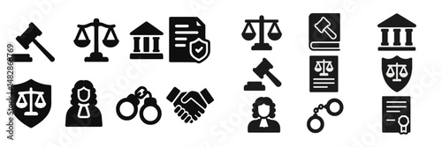 Diverse icons representing various aspects of law, justice, and legal proceedings in a minimalist design