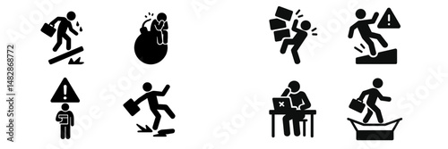 Illustrations depicting various workplace stressors and challenges experienced by employees during their daily routines