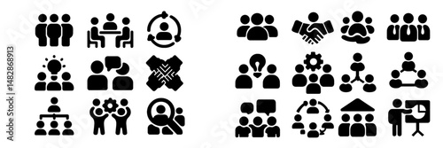 Various icons representing teamwork, collaboration, and communication in diverse settings