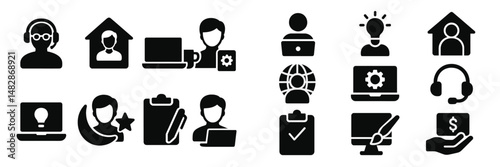 Icons representing remote work, technology, and support in a modern digital environment filled with creativity and innovation