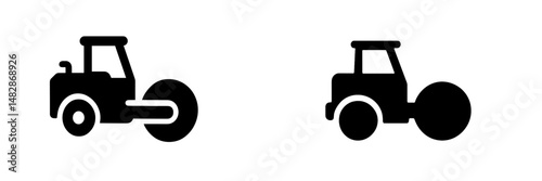 Black silhouette illustrations of construction machinery with roller attachment and standard wheels