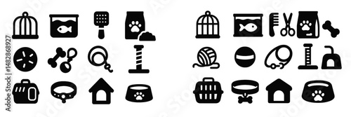 Collection of pet-related icons depicting various animals and accessories for pet care and grooming activities