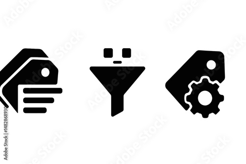 Creative design elements showcasing tags, funnel, and gear for product management and optimization