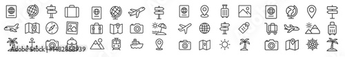 Collection of travel and tourism icons featuring various symbols related to exploration and adventure in a clean design
