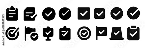 Collection of checkmark symbols in black silhouette style showcasing various tasks and achievements for visual communication
