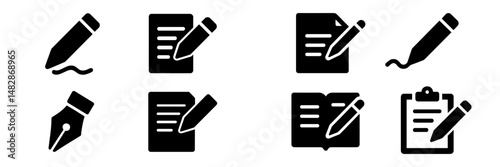 Vector graphic icons of pencils, notepads, and clipboards in black showcasing various writing and note-taking activities